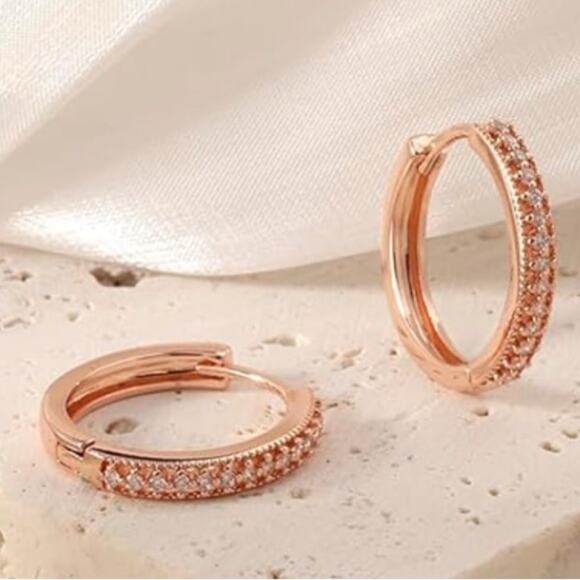 Rose Gold Hoop Hinged Earrings with Rhinestones - Picture 2 of 3